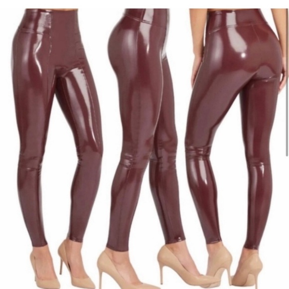 SPANXshape Faux Leather Patent Leggings Size Medium Ruby Burgundy Shiny - Picture 2 of 16
